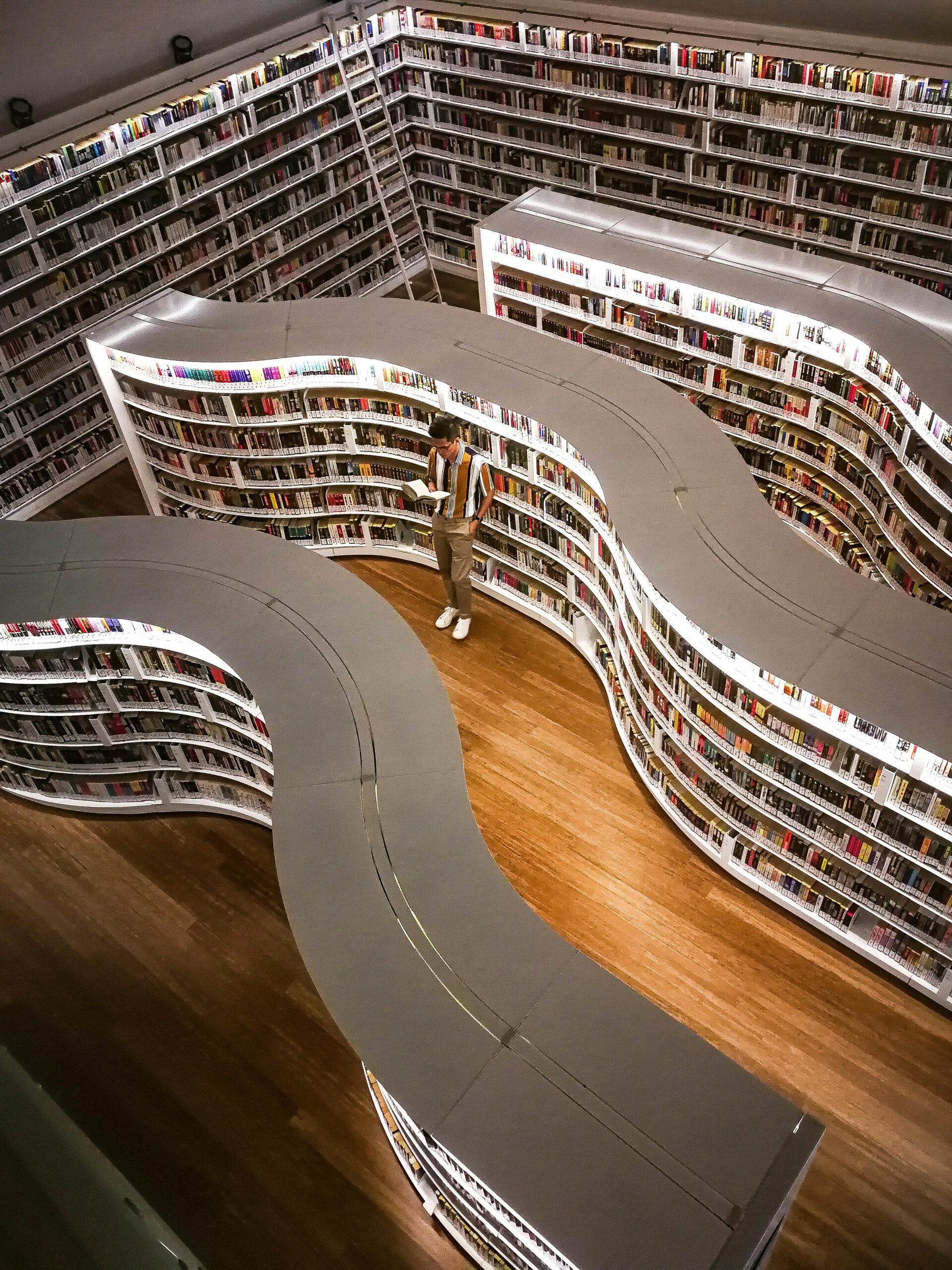A modern library interior featuring unique curved bookshelves viewed from above, with a man reading.